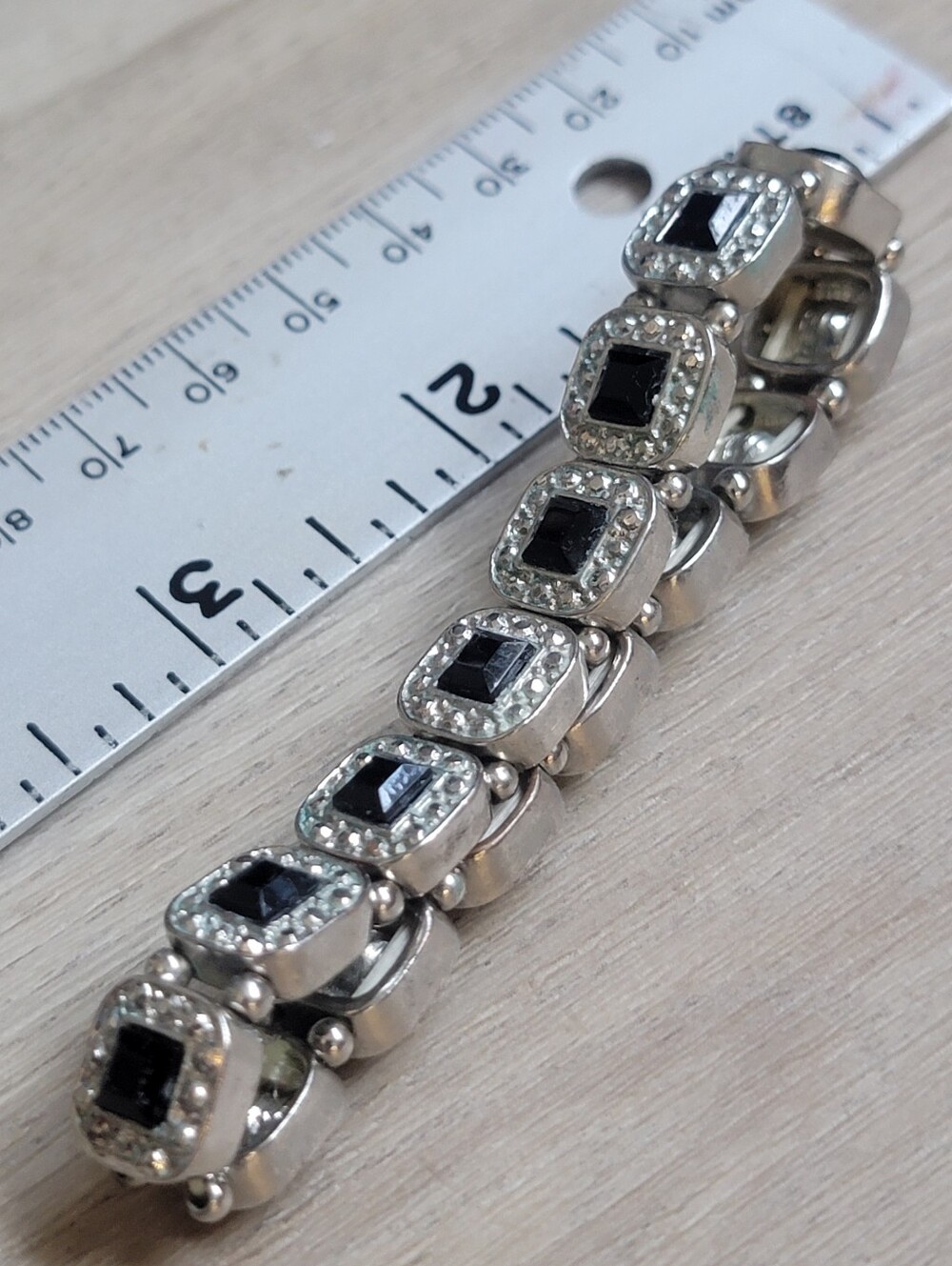 Vintage Silver Tone Black Onyx Style Rhinestone Panel Stretch Bracelet